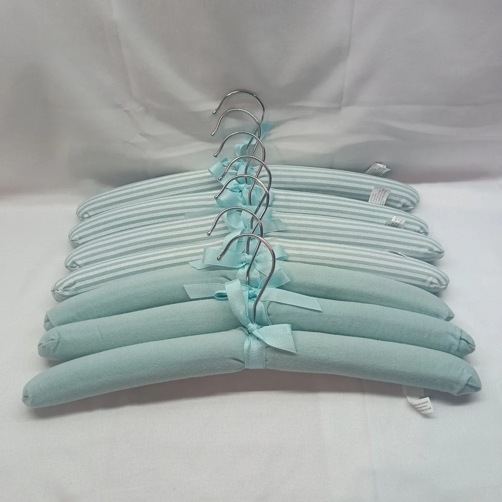 Set of 7 Light Blue Padded Hangers Cotton Striped and Solid Ribbon Bows RN99605
